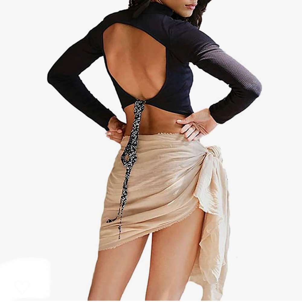 Free People Edge of Town Long Sleeve Crop Top in Black Extra Large